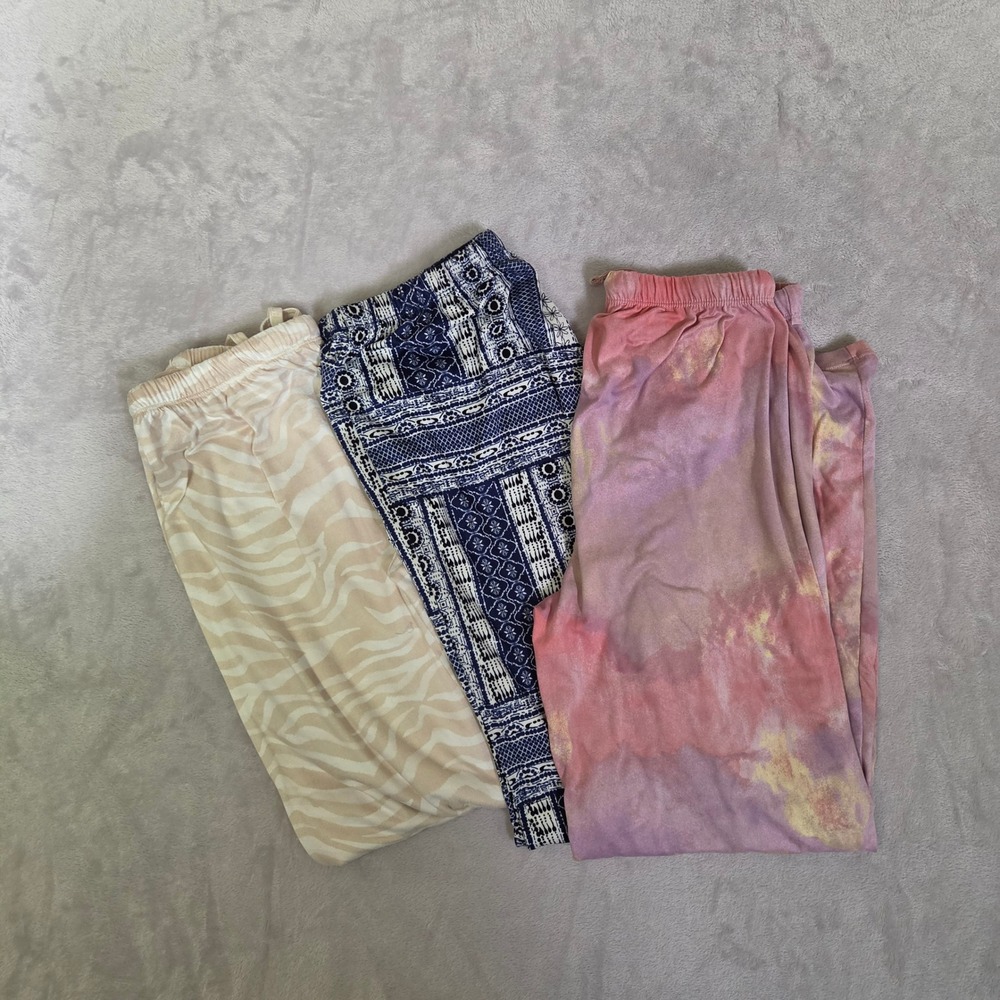 Womens M Mixed Lot Pajama Pants Bundle 3pk Boho Tie Dye Zebra Blue Pink Tan